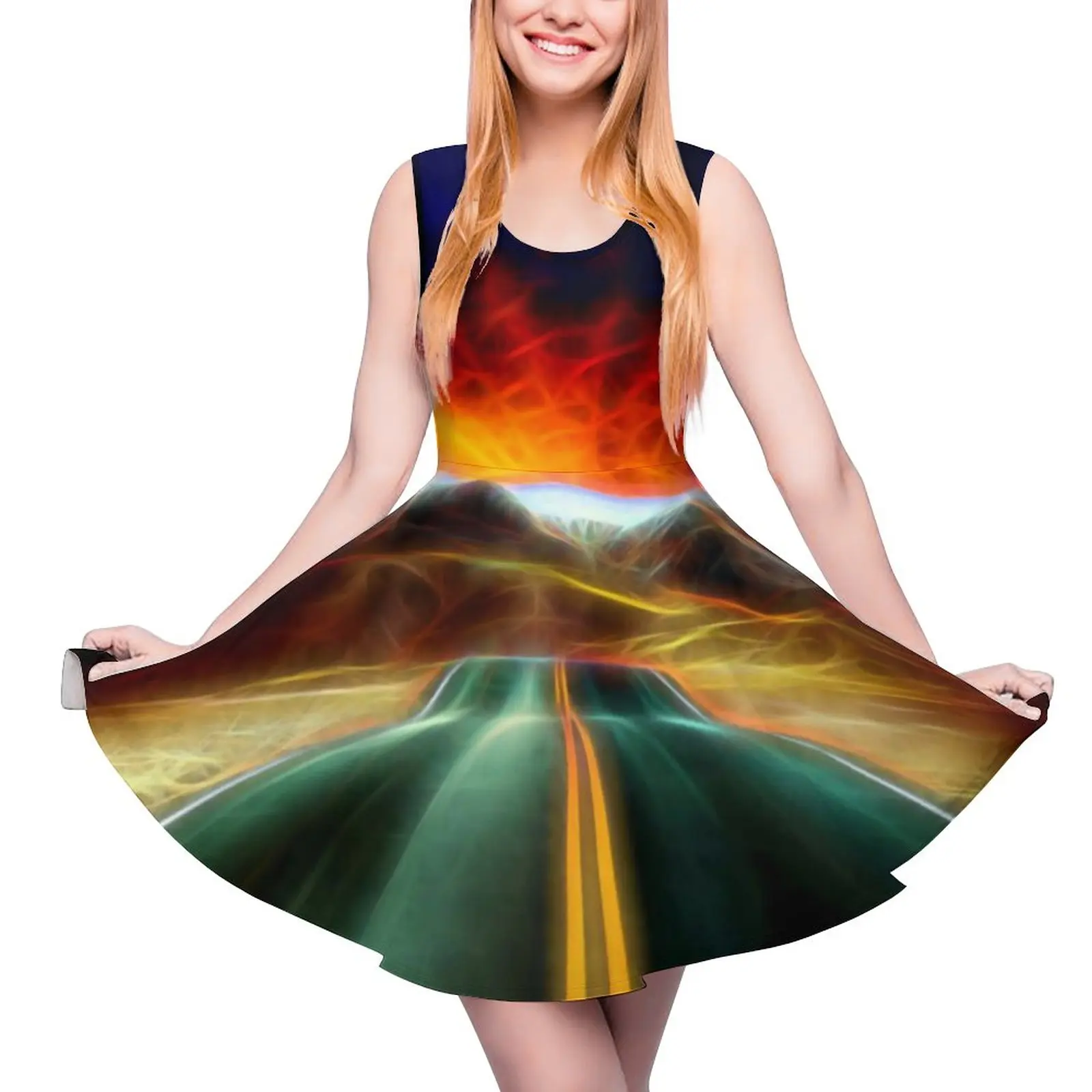 

Fantasy Mountain Road Dress Vintage Print Night Club Dresses Sleeveless Fashion Skate Dress Woman Pattern Vestido Birthday Gift