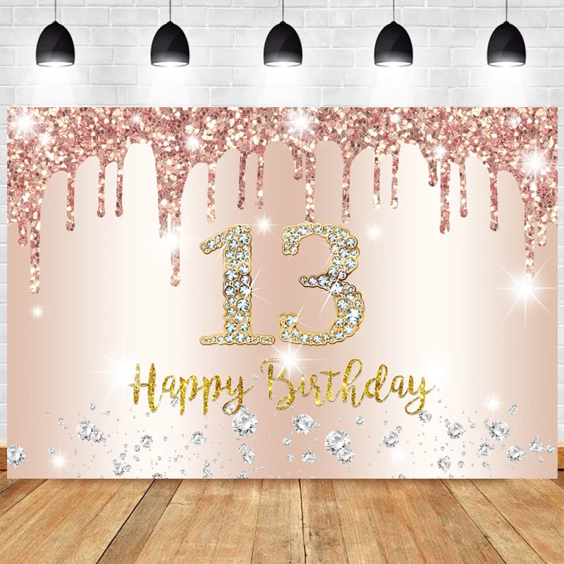 

Rose Gold 13th Photo Backdrop Girls Happy Birthday Party Balloon Thirteen Photography Background Studio Prop Decoration Banner