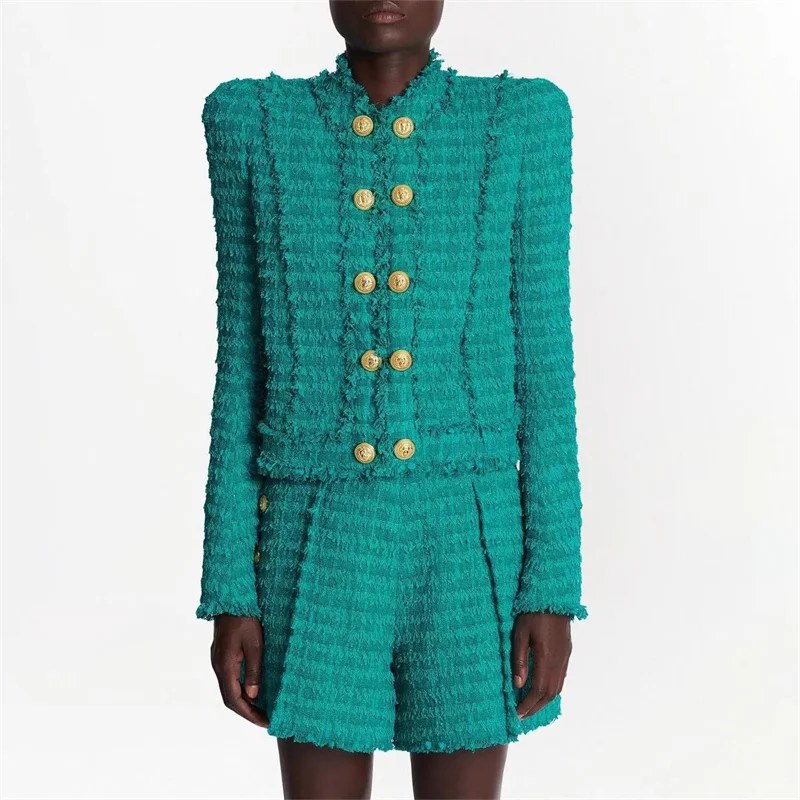 

Jaqueta de terno de Tweed com almofada de ombro verde gola peito duplo jaqueta casualmoda Y2K alta qualidadenovo X 2023FW