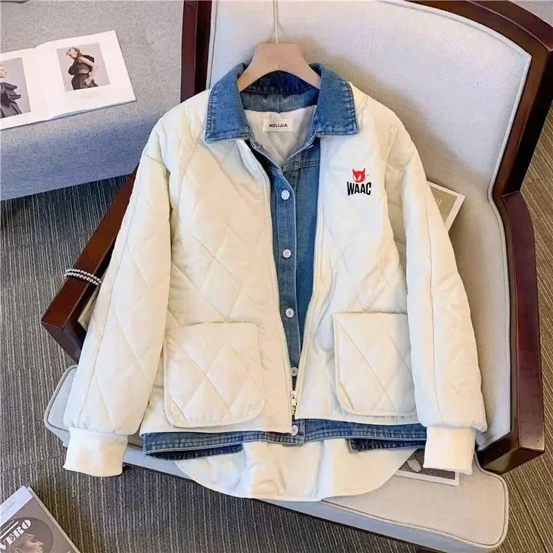 

Зимние женские куртки для гольфа, модный дизайн, одежда из двух предметов с хлопковой подкладкой, джинсовая комбинированная утепленная одежда для гольфа в Корейском стиле