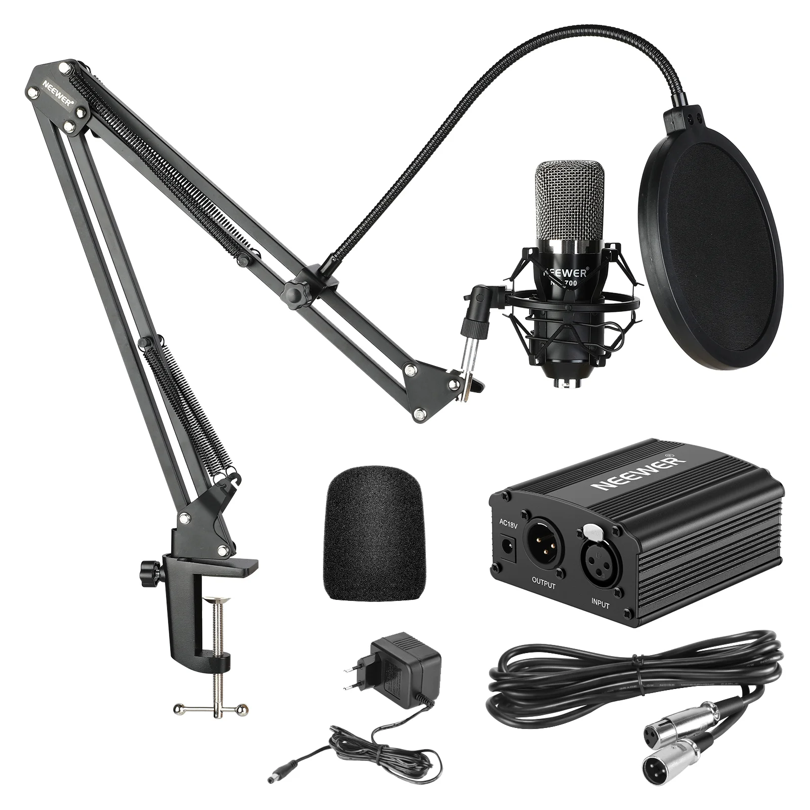 

Neewer NW-700 Professional Condenser Microphone&Scissor Arm Stand+XLR Cable+Mounting Clamp&Pop Filter&48V Phantom Power Supply