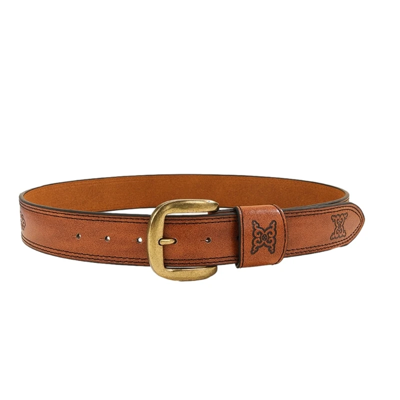 

Ethnic Jeans Belt Engraved Floral Pin Buckle Belt Men Accessories Waist Decors