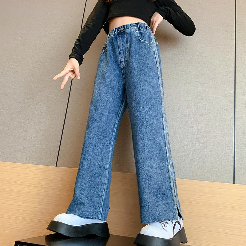 

Jeans for Girls Autumn 2022 Striped Loose Casual Teenage Children Wide Leg Pants Blue Elastick Waist Kids Trousers 12 13 14 Year