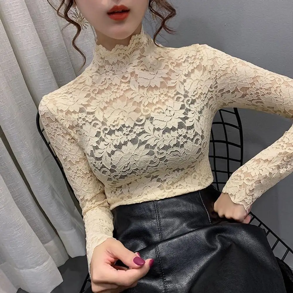 

Women Blouse Half High Collar Long Sleeves See-Through Autumn Top Slim Lace Crochet Patchwork Hollow Tee Top Female Streetwear
