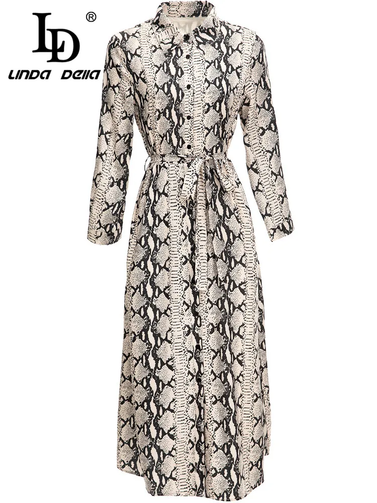 LD LINDA DELLA Runway Autumn Winter Women Turn-down Collar Single Breasted Belted Vintage Snake pattern Print Loose Midi Dress