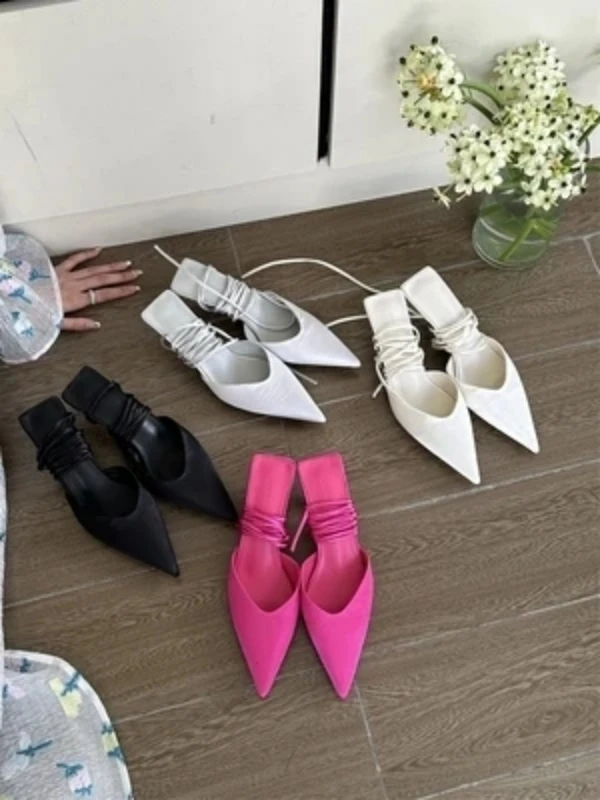 Pure Color Ribbon Winding Summer Shoes European and American Newest Style Thin High Heel Pointed Toe Fashion Show Woman Sandals
