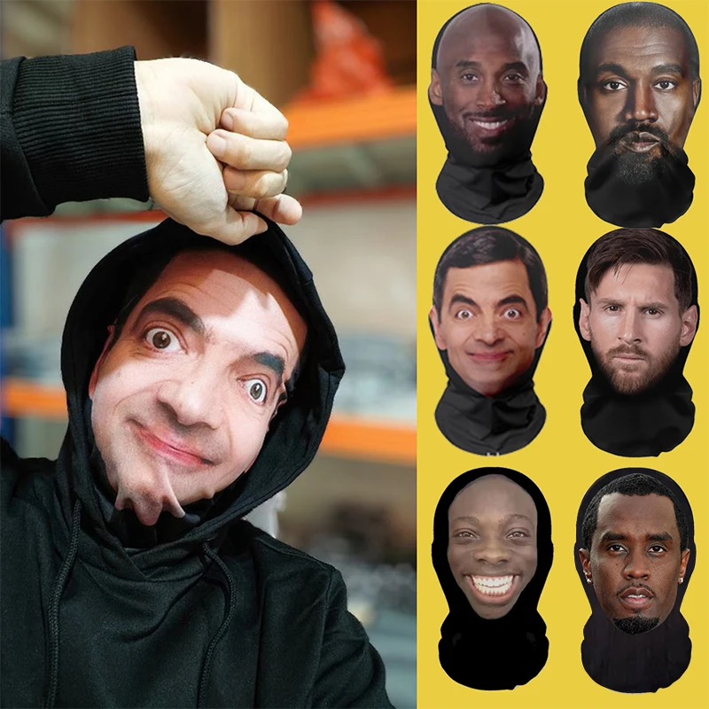 מסיכת פנים מלאה מצחיקה עם הדפס 3D של מסיכות פנים סלבריטאיות עם רשת גמישה למסיבת הלווין קוספליי פרופס בלקלבה כיסויי ראש