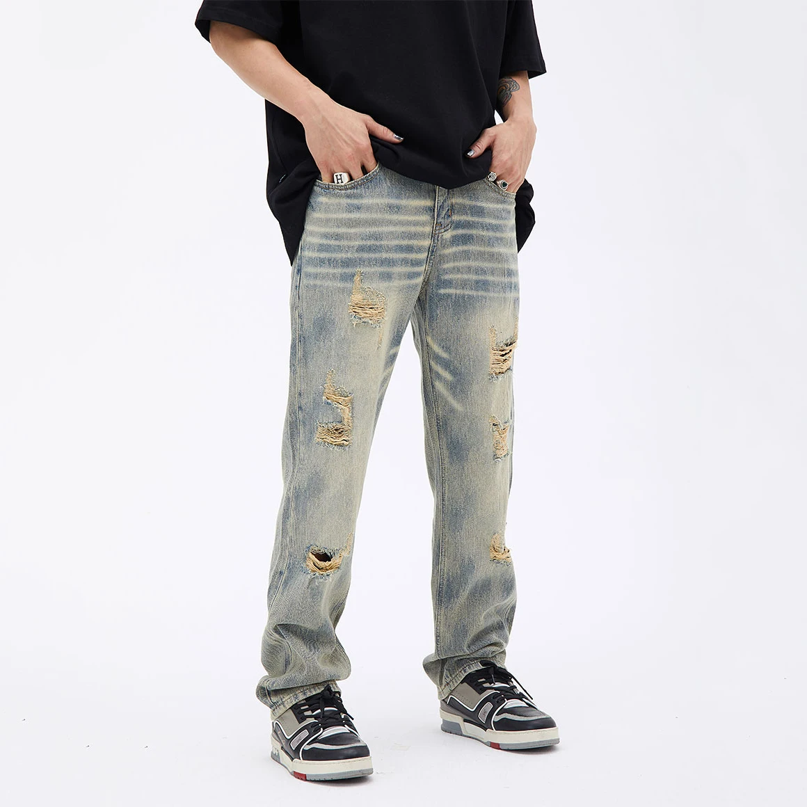 Men's Pants Four Seasons American Fashion Trend Hole Loose Jeans Men's and Women Same Style Streetwear Ins Hot Sale baggy jeans