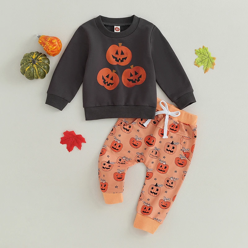 

Infant Baby Halloween Clothes Cartoon Pumpkin Print Long Sleeve Sweatshirt Tops Pants Set Fall 2Pcs Outfit Children's Clothing