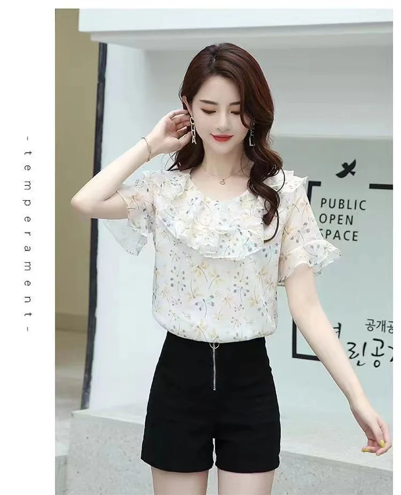 Женская двойная шифоновая рубашка Корейская версия Модный пуловер с оборками и