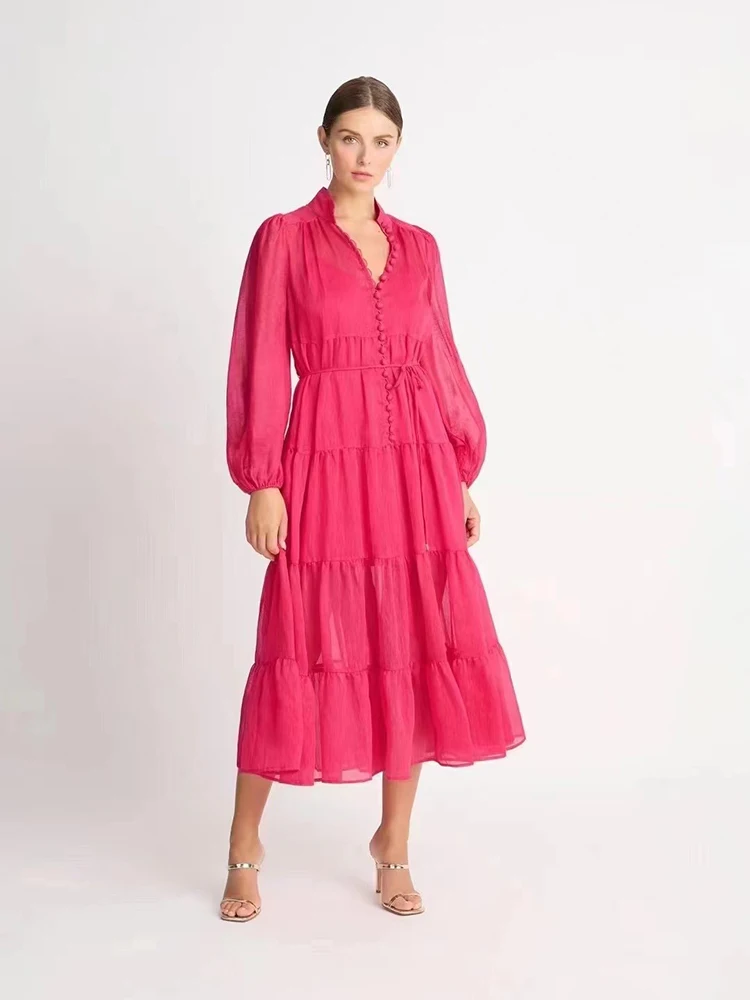 

2023 Summer New American Fashion Simple and dignified Tian Si Cotton Button Long Sleeve Dress with Bottom Hanging Straps Women