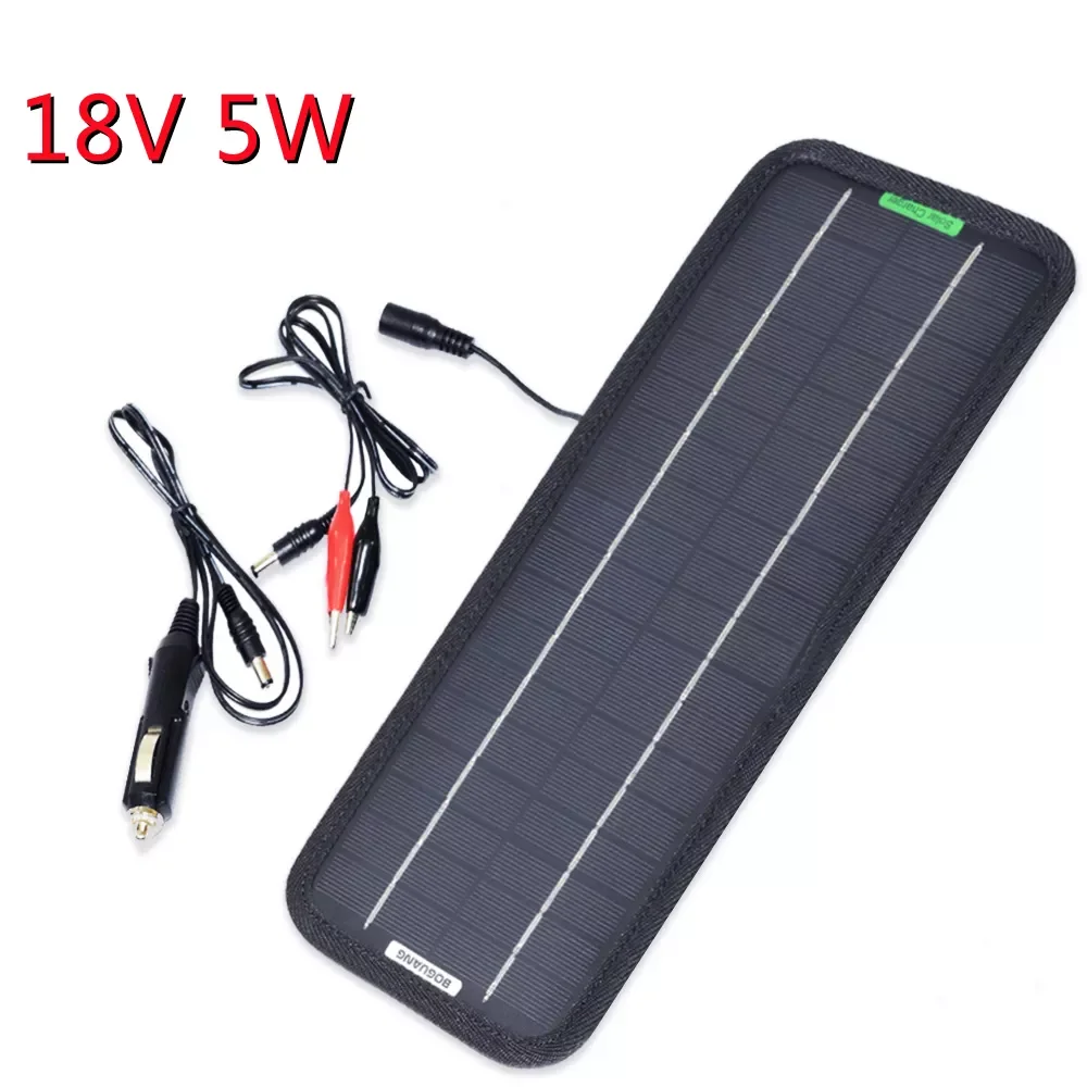 

NEW 5W 18V DC Output Monocrystalline Solar Panel Charger With Car Cigarette Lighter Plug + Battery Charging Alligator Clip Cable