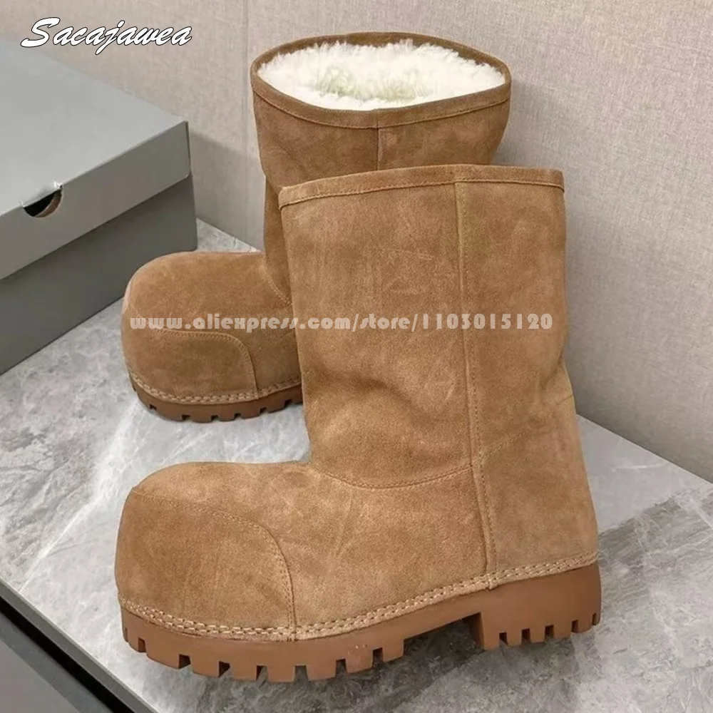 Коровья замша овечьи плюшевые однотонные женские зимние ботинки с круглым