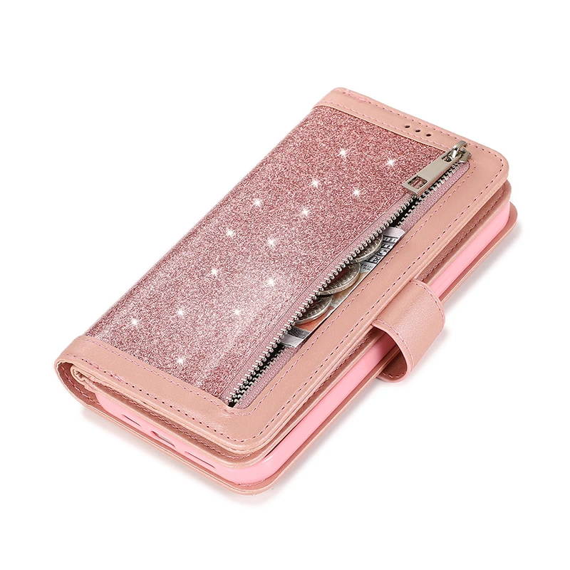 Glitter Zipper Wallet Multifunction Phone Shockproof Case For Iphone 12 Mini 11 Pro Xs Max X Xr Se 2022 2020 7 8 Plus Cover