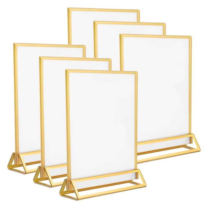 

6Piece Sign Holder 5X7 Inch Acrylic With Gold Borders And Vertical Stand, Double Sided Table Holders For Wedding