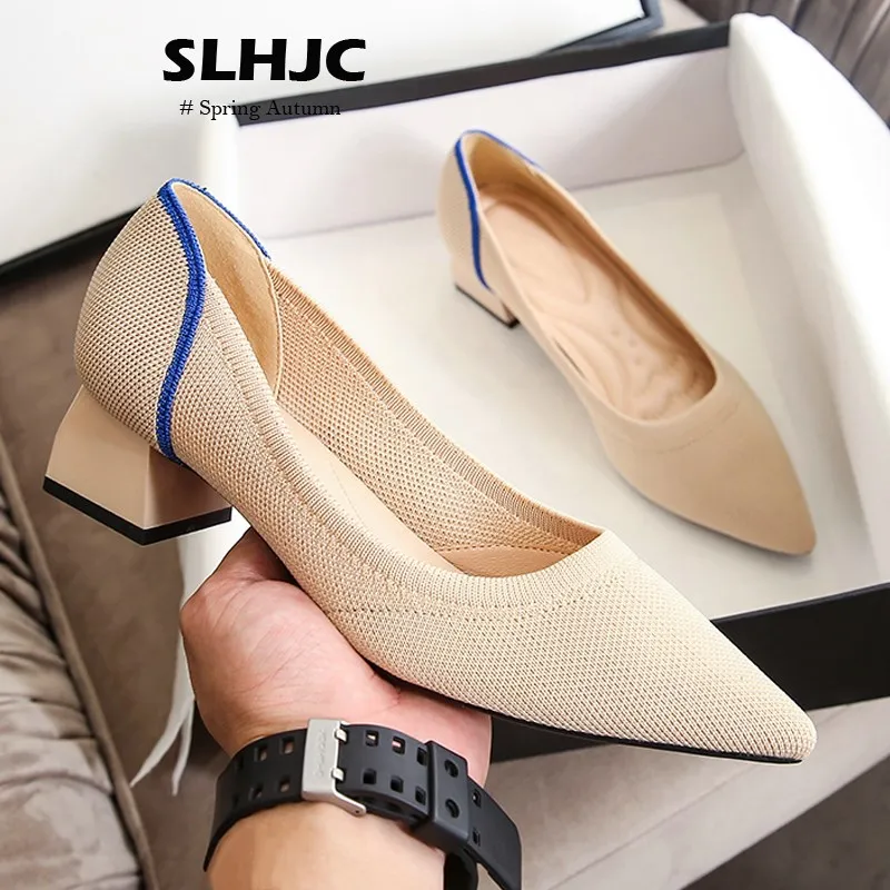 

SLHJC Women Pumps Spring Autumn Knitted Fabric Med Chunky Heels Shoes Slip On Sexy Pointed Toe Work Office Casual Daily Shoe
