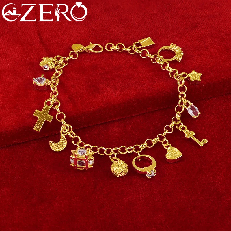 ALIZERO 24-каратное золото Луна Звезда Крест Сердце Циркон Шарм-браслет для женщин