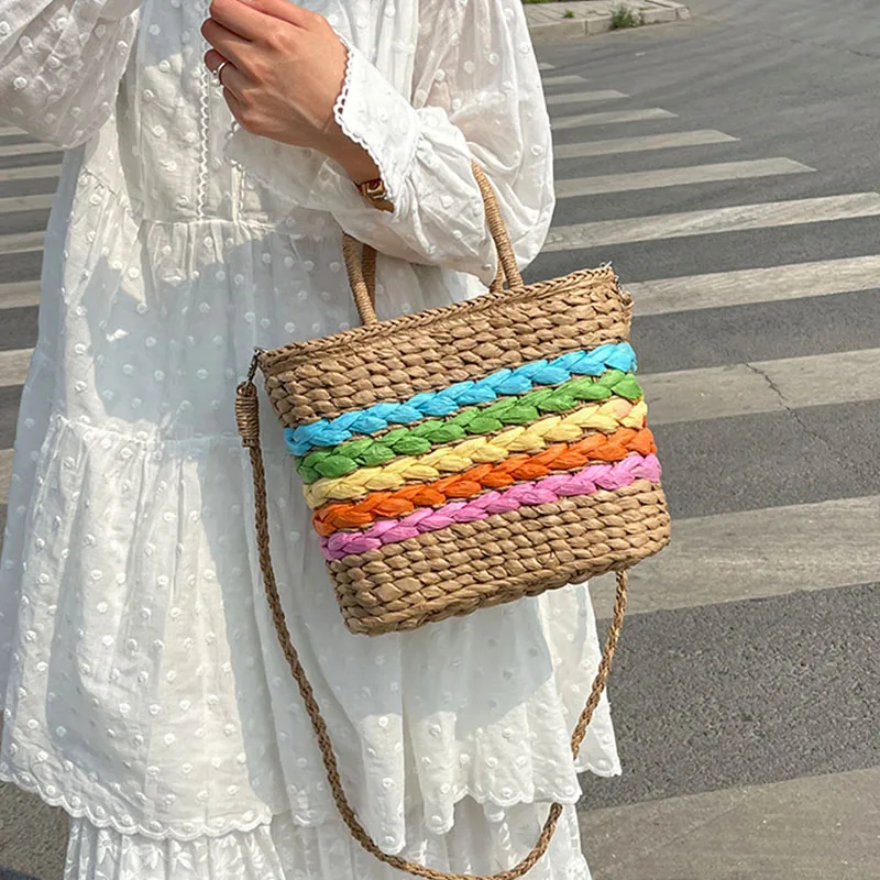 Летняя женская модная пляжная сумка-тоут радужная соломенная плетеная Сумка