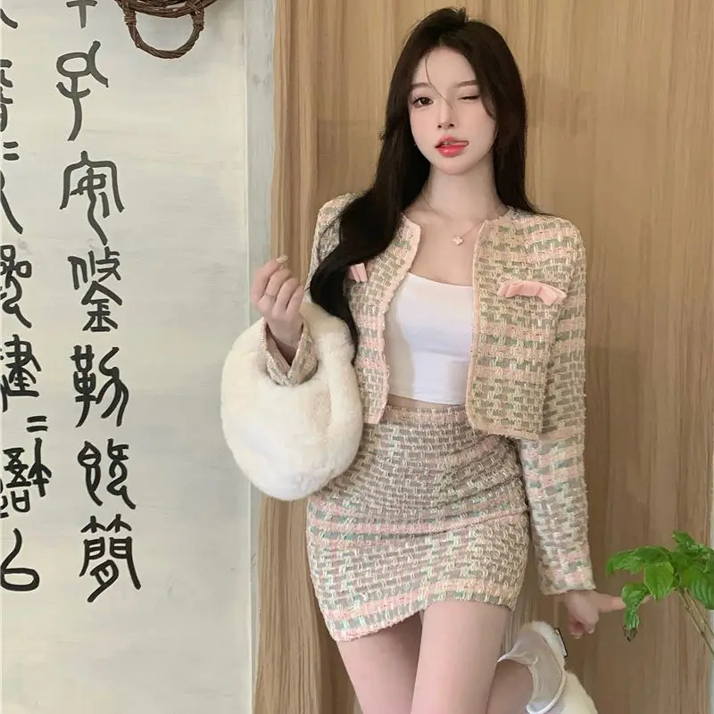 

Firm offers will ~ bowknot adornment high long sleeve short tweed coat pockets hip skirts