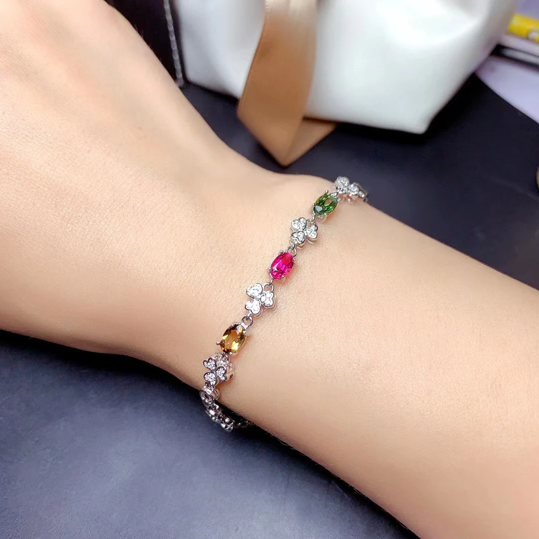 

MeiBaPJ 925 Sterling Silver Natural Tourmaline Gemstone Fashion Bracelet for Women Fine Colorful Bangle Wedding Jewelry