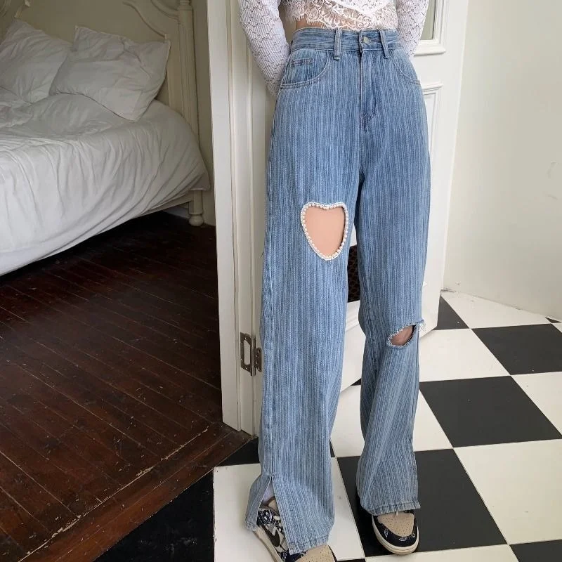 

Niche Broken Hole Love Jeans Women's 2023 Spring and Summer New Wide-legged High-waisted Thin Casual Loose Straight Trousers