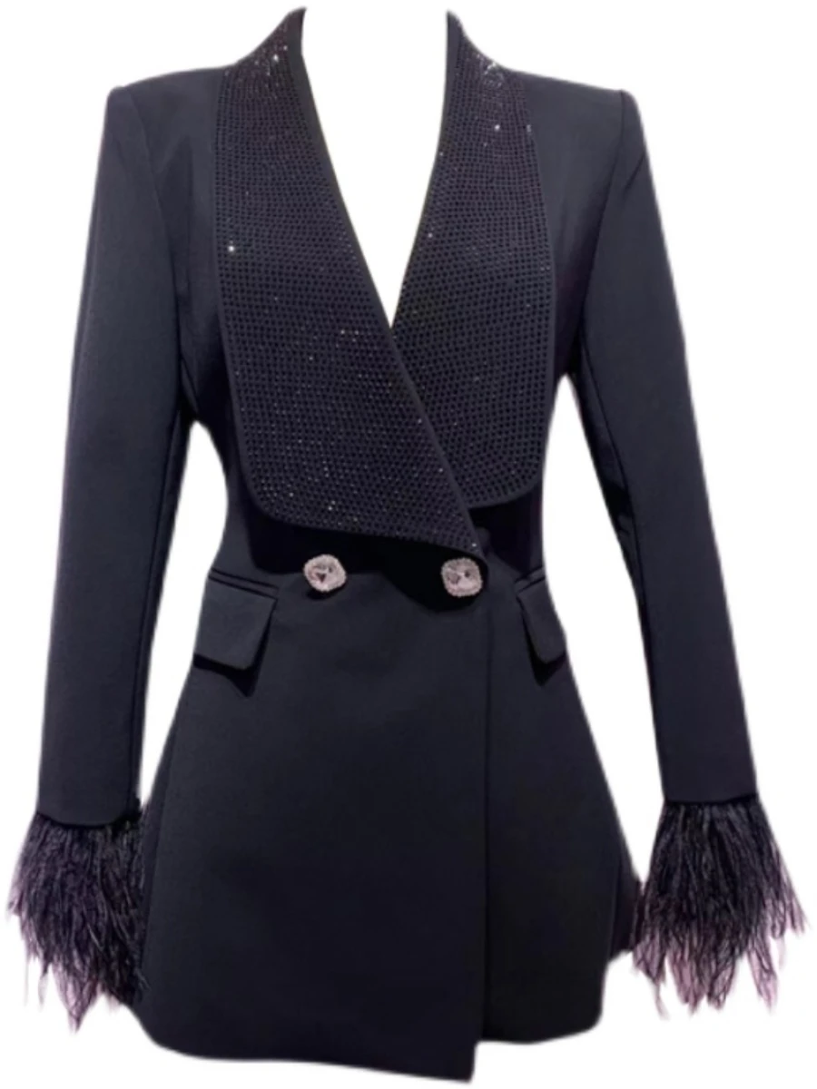 High-End Custom Lapel Rhinestone Slim Fit Slim Waist Feather Drill Buckle Suit Coat Women 2023 Spring New White Blazer Jacket