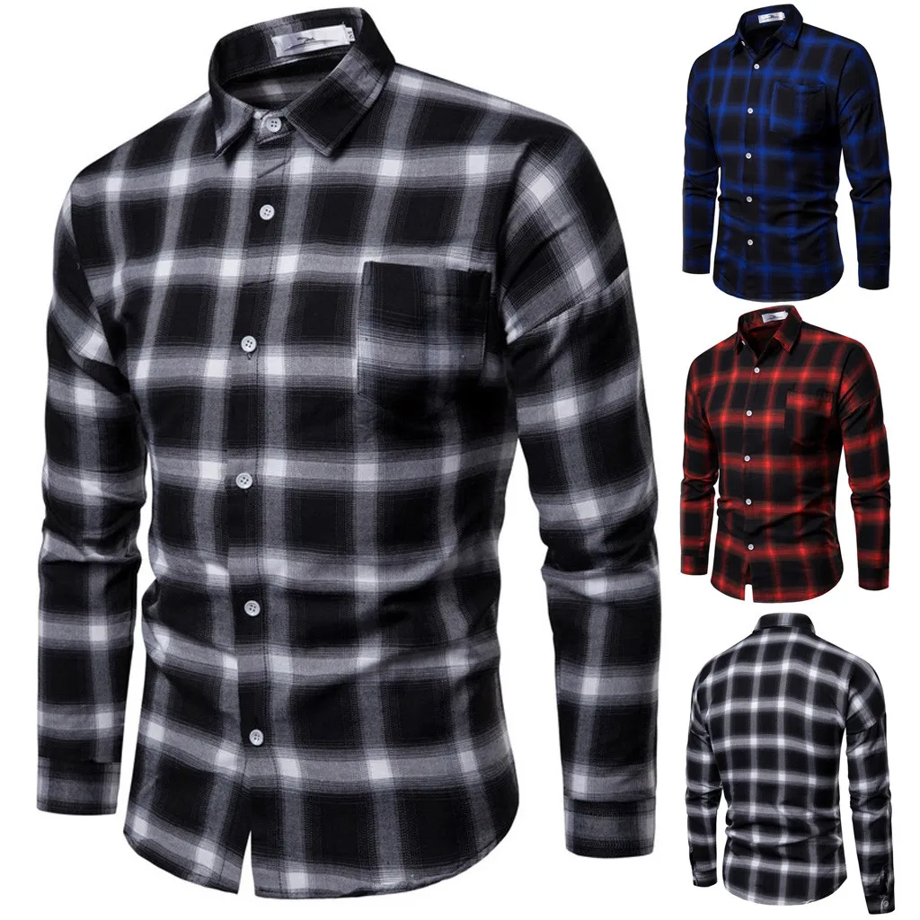 

Men's Fashion Business Leisure Plaid Printing Long Sleeved Shirt Tops Blouse Mens Mock Neck Tops Men Heat