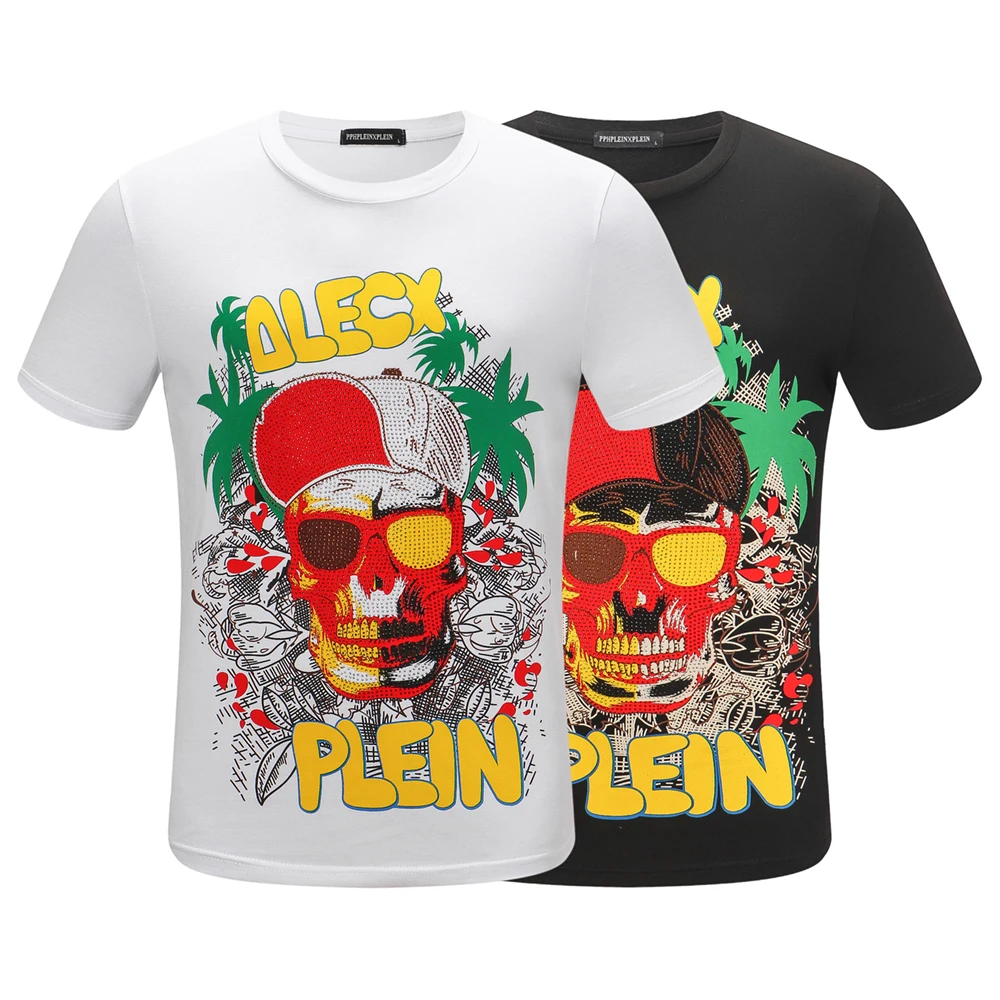 

PLEINXPLEIN Original Brand Plein Summer Mens T-shirt Mens Casual Loose Street Hip Hop Rhinestones Shine Short Sleeve Skulls Tees