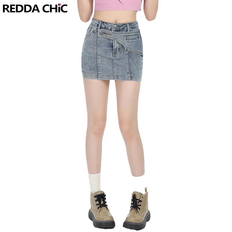 

REDDACHiC Lap Denim Mini Skirt Pants 2-IN-1 Women Jean Skort High Waist Casual Blue Short Bottoms Korean Stylish Summer Bodycon