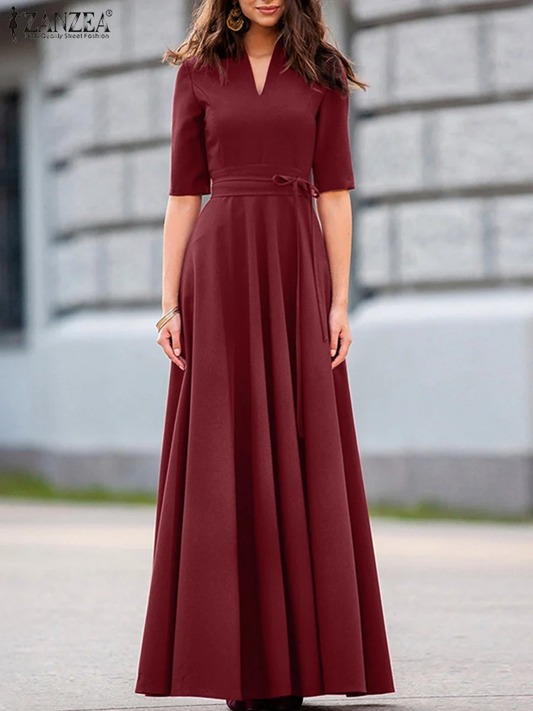 

ZANZEA Elegant Women Summer Party Sundress Fashion V Neck Half Sleeve Solid Maxi Long Dress A-line Holiday Vestidos Robe Femme