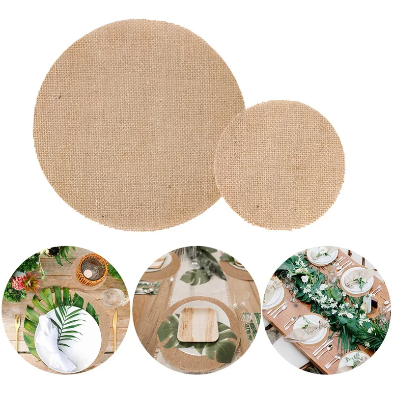 10pcs Round Linen Jute Burlap Dining Table Mat Linen Table Placemat Tea Cup Plates Mats For Home Wedding Christmas Party Decor