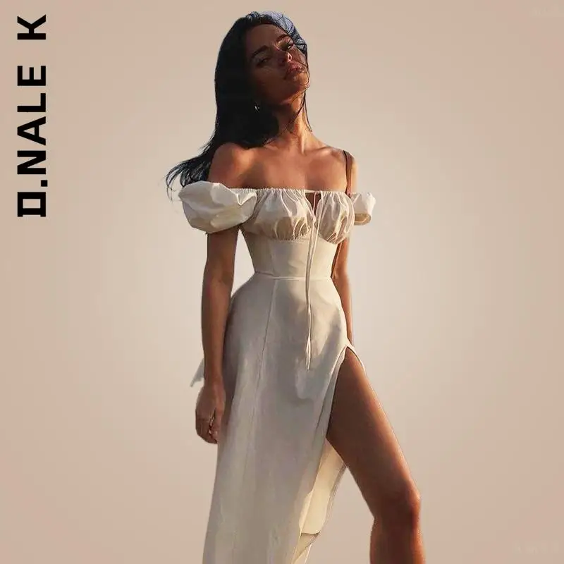 

D.Nale K Summer Cut out Tie up Side Split Dress Puff Sleeve White Dress Off Shoulder Ruched Long Dress for Women 2022