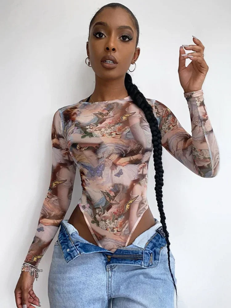 

Printed Sexy Bodysuit Lingerie O-Neck Body Feminino Slim One-Pieces Corset Top Long Sleeve Fashion Trends Women Clothing Bustier
