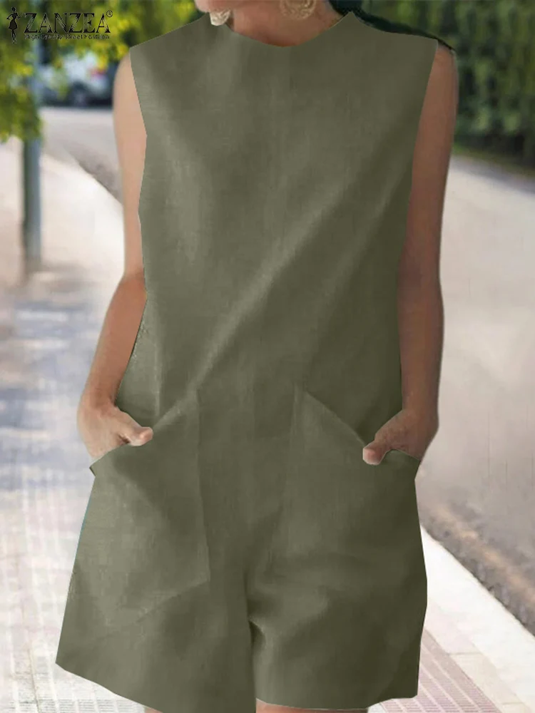 

Комбинезон ZANZEA женский пляжный, однотонный Модный повседневный свободный Ромпер без рукавов, с круглым вырезом, винтажный, лето 2023