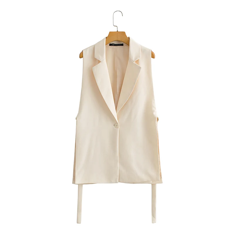 

2022 Fashion Solid Side Slit One-Button Collar Sleeveless Outerwear Chic Veste Femme Vest Vintage Suit Women
