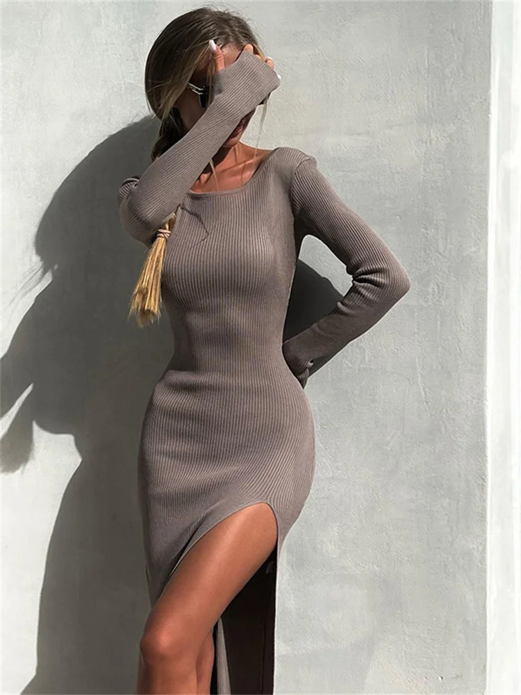 

Forefair O Neck Long Sleeve Ribbed Bodycon Split Midi Dress Women Autumn Winter Casual Knitted Elegant Dresses Club Party