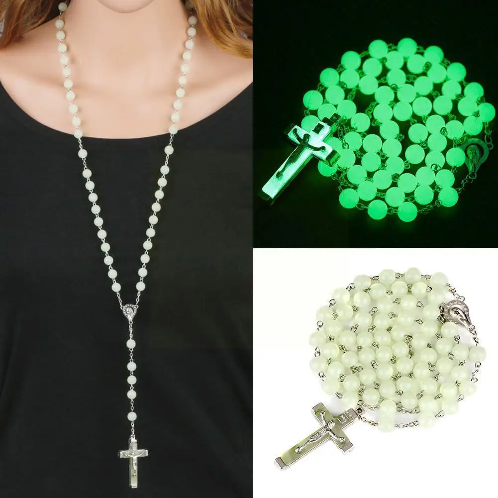 

8MM Luminous Christian Catholic Cross Rosary Necklace Glowing Light in Dark Beaded Pendant Necklaces for Men Women Christia X2G9
