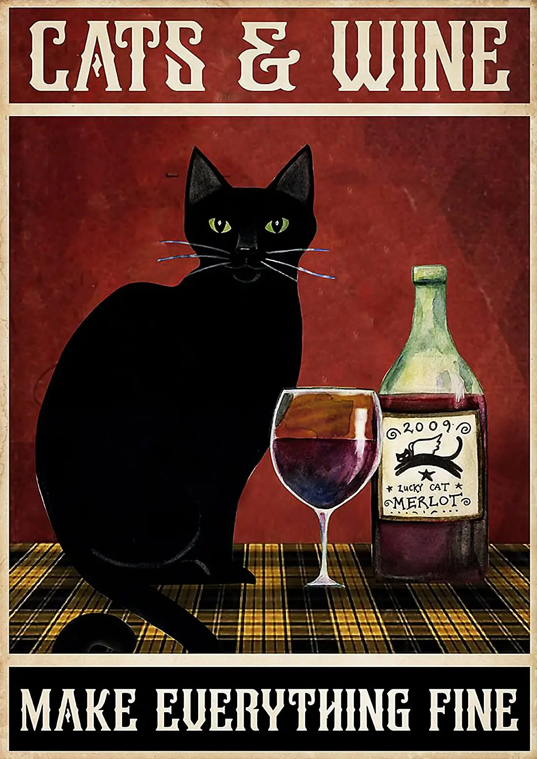 

Lesiker Vintage Black Cat Metal Sign Cat and Wine Make Everything Fine Home Wall Decoration Metal Plaques12 X 8" in