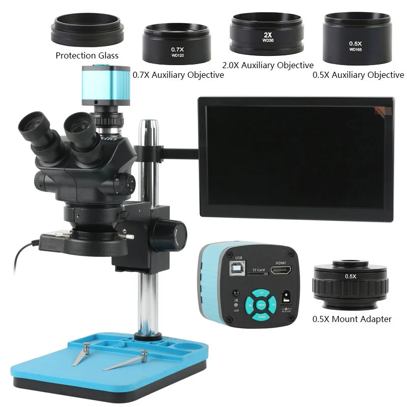

100X Simul Focal Stereo Trinocular Microscope + 48MP 2K 4K HDMI USB Video Camera + 0.5X Objective Lens + 11.6 inch LCD Monitor