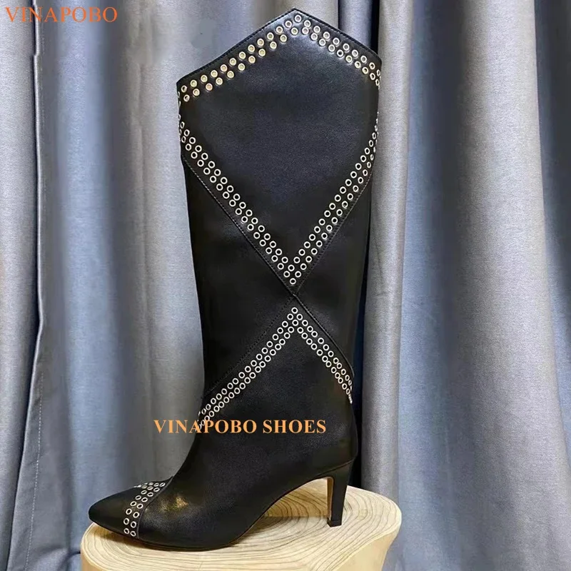 

Sexy High Heels Knee High Boots Women Genuine Leather Rivet Modern Boots Female Black White Long Boots Woman Party Shoes Women