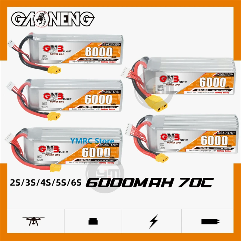 

Gaoneng GNB 6000mAh 70C 2S/3S/4S/5S/6S 7.6V/11.4V/15.2V/19.0V/22.8V HV LiPo Battery with XT60/XT90/T Plug for RC Cars Boats FPV