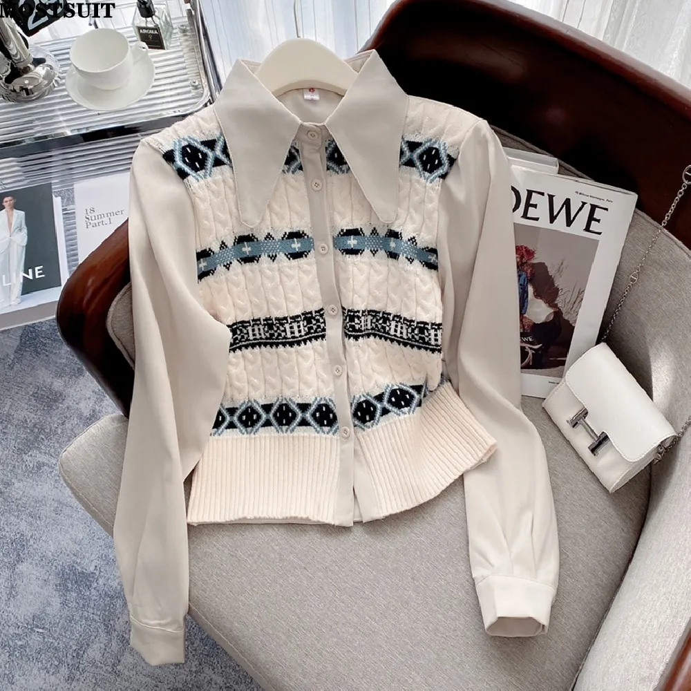 

Vintage Elegant Knitted Sweater Shirt Women Sleeve Spliced Stylish Fashion Tops Knitwear Long Sleeve Peter Pan Collar Jumpers