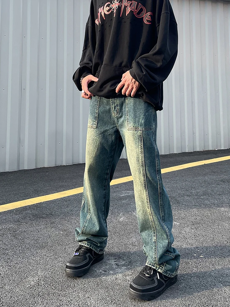 American stitching contrast color patchwork blue water washing y2k meen jeans loose personality casual pants street clothing