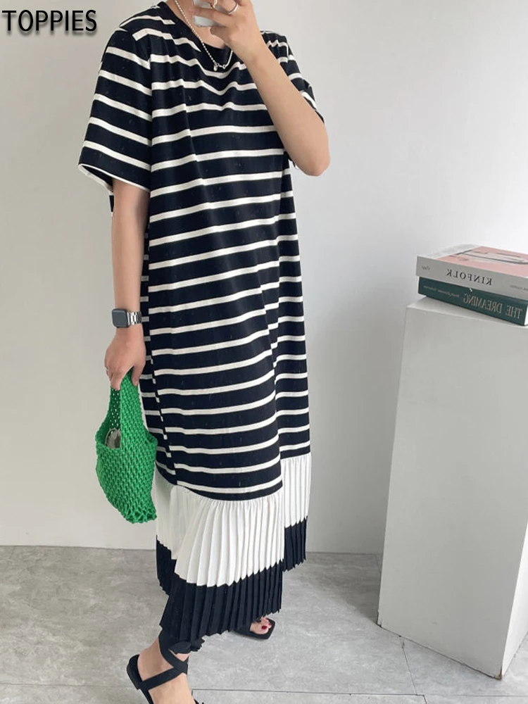

Korean chic color-block pressed pleated long dress loose dress super loose over-the-knee dress