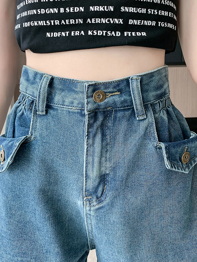 New Summer Women Retro Loose High Waist Blue Denim Shorts Streetwear Female Vintage Wide Leg Jeans Shorts Bottoms