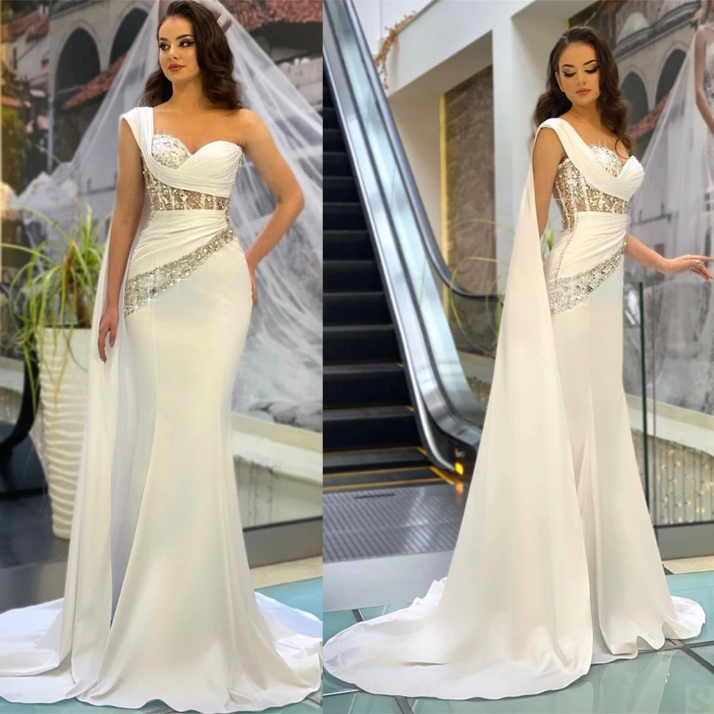 

Summer Crystal Mermaid Wedding Dress Sparkly One Shoulder Beading Backless Bridal Gowns vestido de casamento