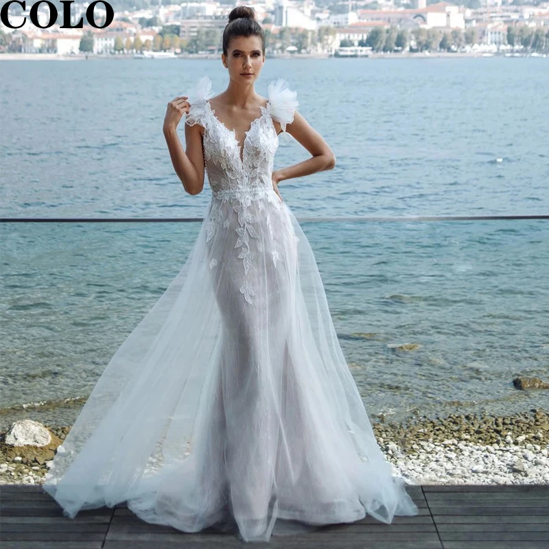 

Tulle V-Neck Mermaid Wedding Dresses 2022 Appliques Ruffles Sleeveless Lace Appliques Beach Bridal Gown Sweep Train Open Back