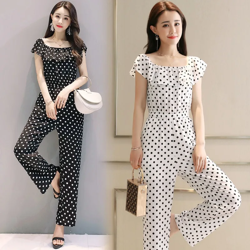 

Women Jumpsuits Rompers Summer Casual Dot Print Square Collar Overalls Playsuit Short Sleeve Wide Leg Loose Jumpsuit Femme E52