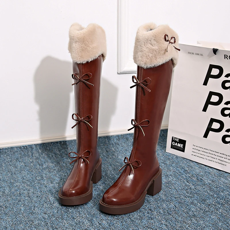 Женские ботильоны на меховой платформе кожаная обувь высоком массивном каблуке