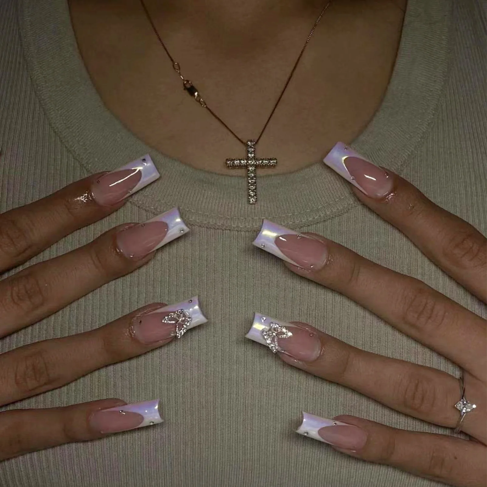 

Punk Aurora Frech Fake Nail With 3D Crystal Butterfly Wearable Nail Art Detachable Glossy False Nails Press on Nail Wholesale